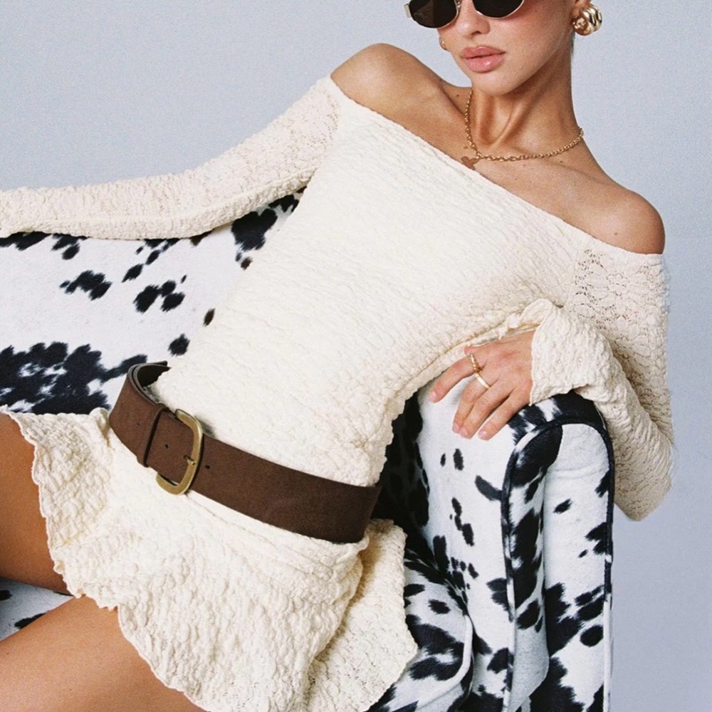 PRINCESS POLLY Off Shoulder Long Sleeve  Dress Cream